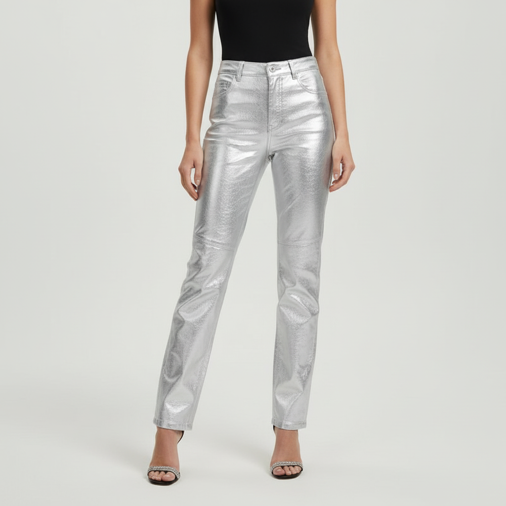 Stylish women's high-waisted metallic polyester pants with a comfortable loose fit for fashion