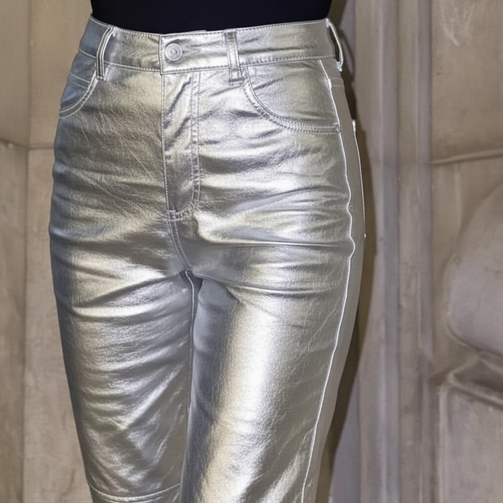 Elegant Hannah metallic trousers for women, high-waisted and loose-fitting, perfect for evening wear