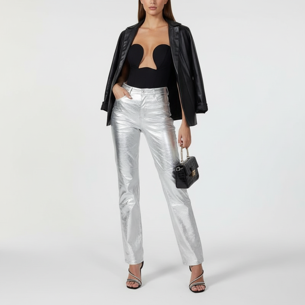 Fashionable women's high-waisted metallic pants, Hannah style, offering a chic loose fit