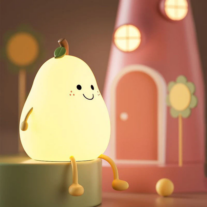 Bright & friendly LED pear night light for children's bedrooms, providing a comforting glow for bedtime.