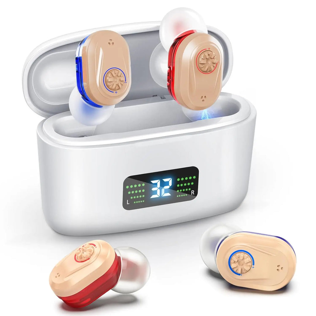HearMax invisible mini hearing aid with noise reduction, enhancing daily auditory support for adults.