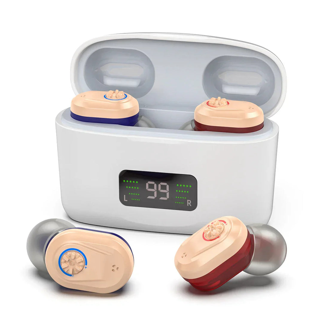 HearMax wireless hearing aid, small in size, big in sound enhancement with integrated noise reduction.