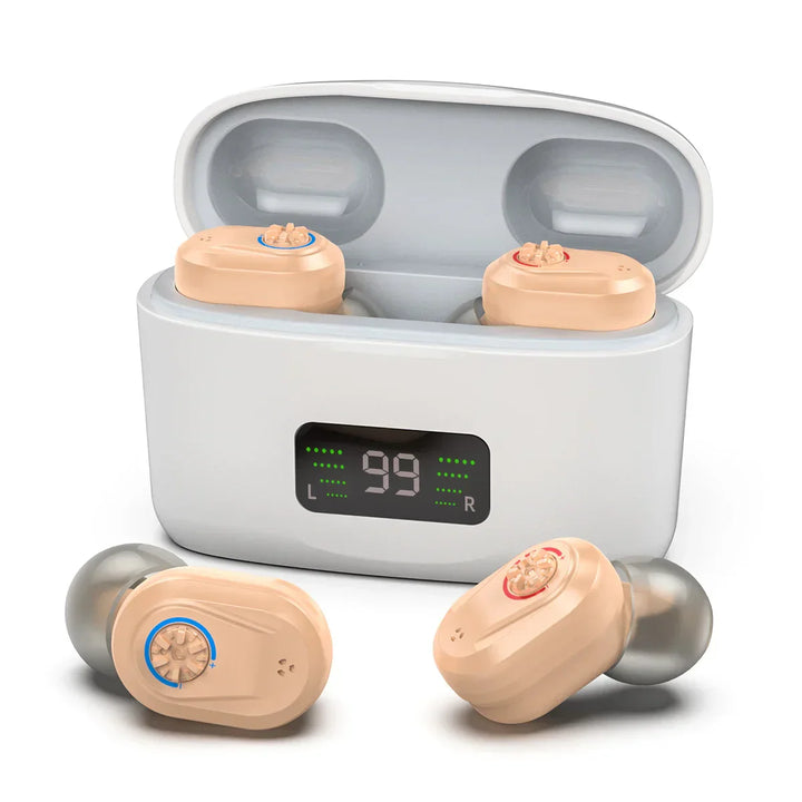 Discreet and powerful HearMax mini hearing aid, providing clear sound with advanced noise reduction technology.