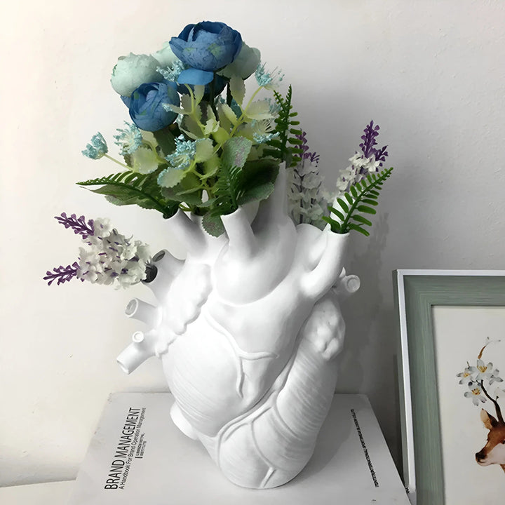 White heart-shaped Greek style vase, decorative resin accent for contemporary home decor.