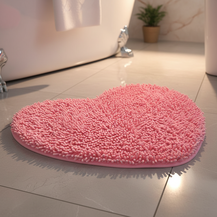 Heart-shaped plush bath mat, soft microfiber chenille, absorbent & non-slip for cozy bathrooms.