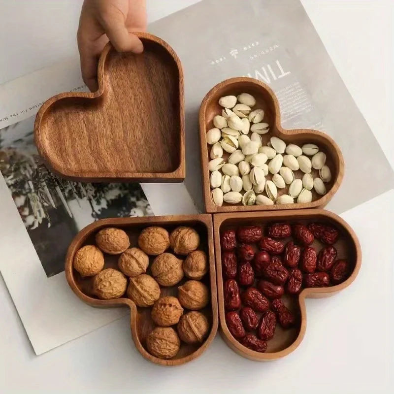 Heart-shaped solid wood serving tray, perfect for snacks, desserts, entertaining, or kitchen decor.