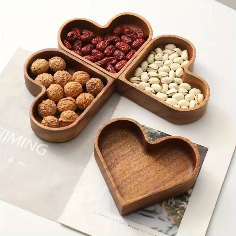 Heart-shaped wood snack server for appetizers, candies, or small desserts; perfect for entertaining.