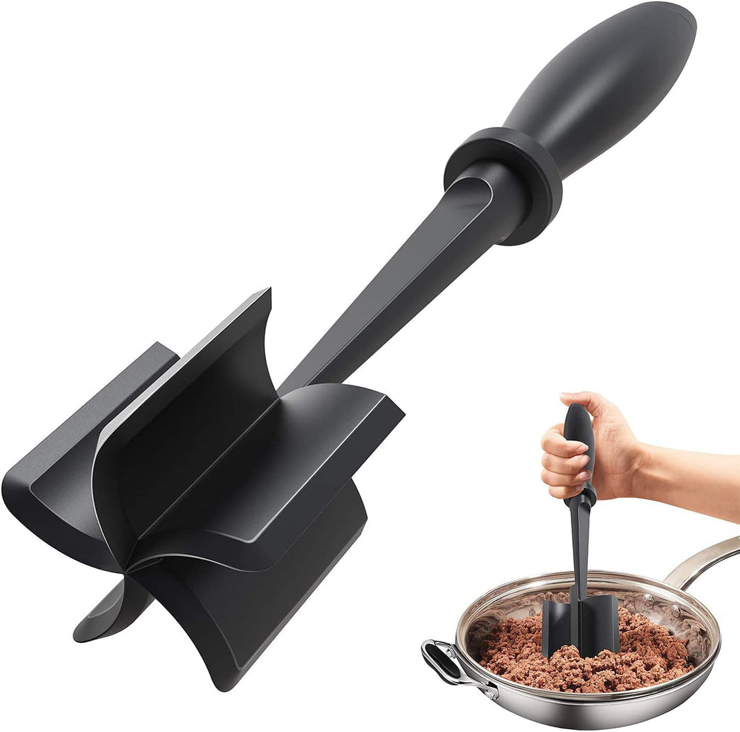 Heat-resistant ground meat chopper, 5-blade design, black handle, for breaking up ground meat.