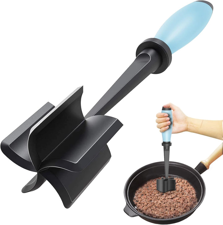 Non-stick friendly ground meat chopper with ergonomic black handle, ideal kitchen tool for cooking.