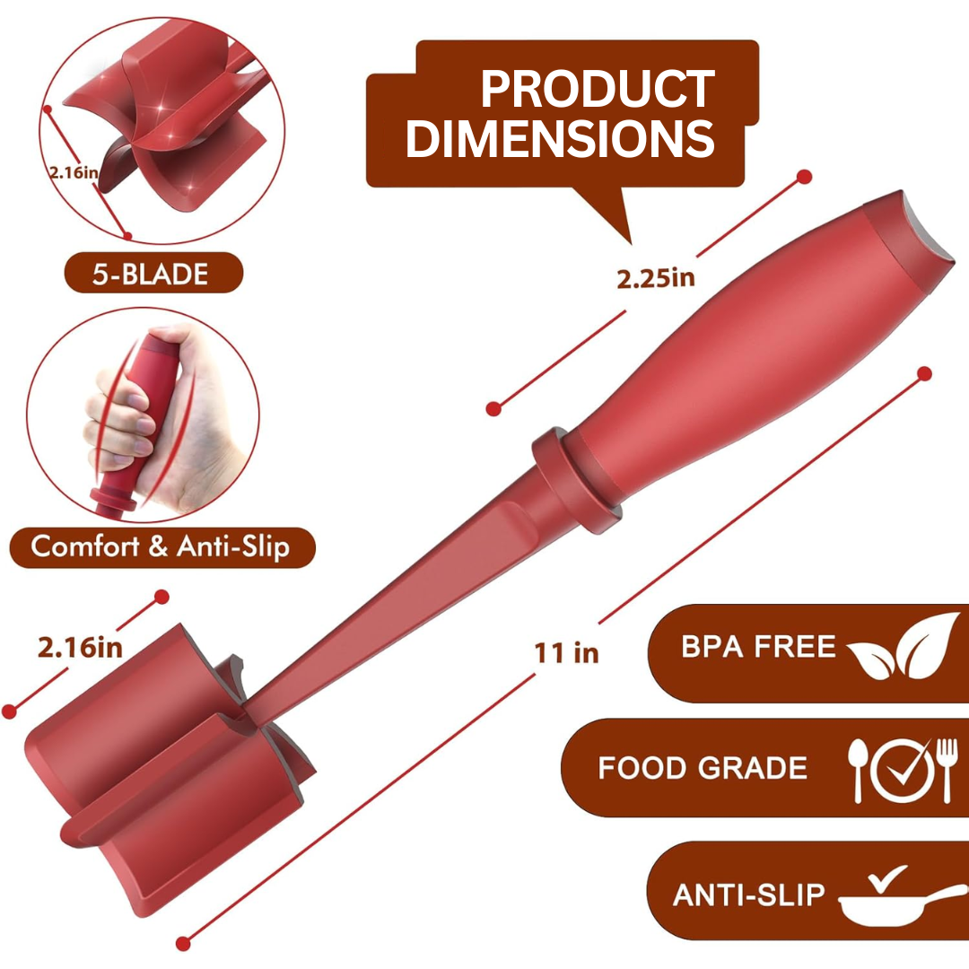 Kitchen tool: black ground meat masher, heat resistant, innovative 5-blade design for even cooking.