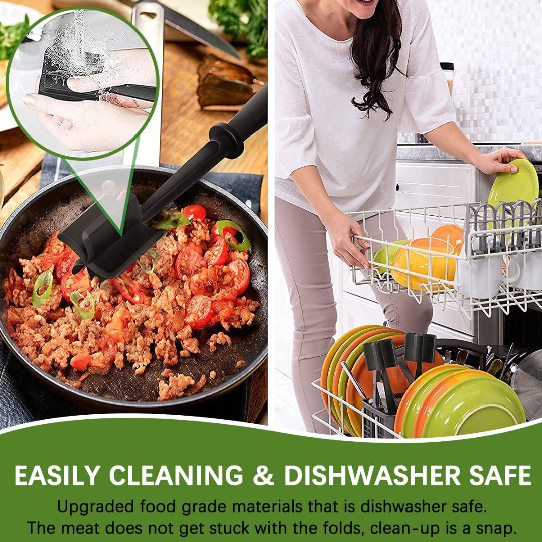 Black heat-resistant ground meat chopper, durable nylon, breaks apart food for sauces and scrambles.
