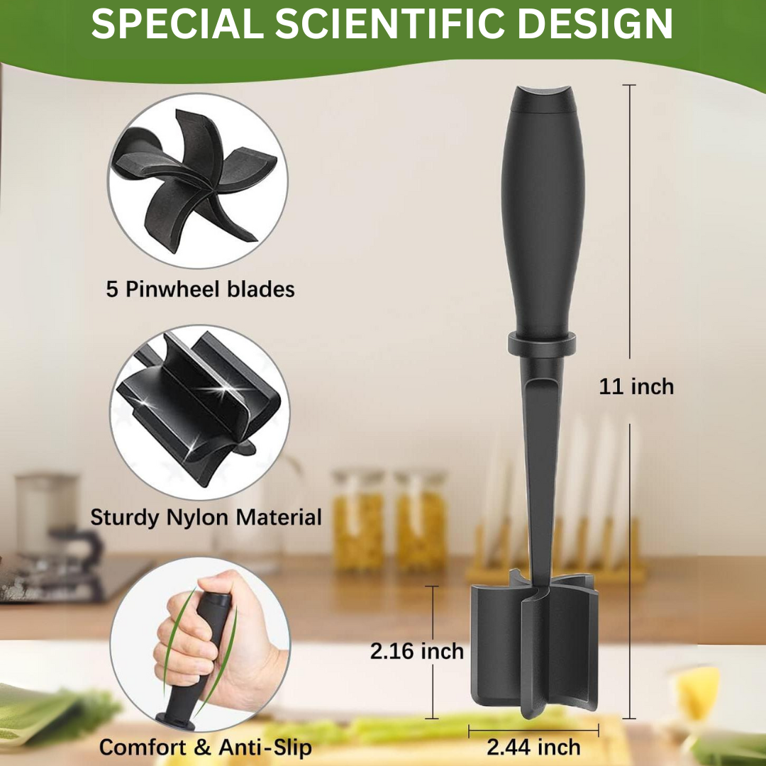 Efficient ground meat chopper, black kitchen utensil, high temperature resistant, easy clean-up.