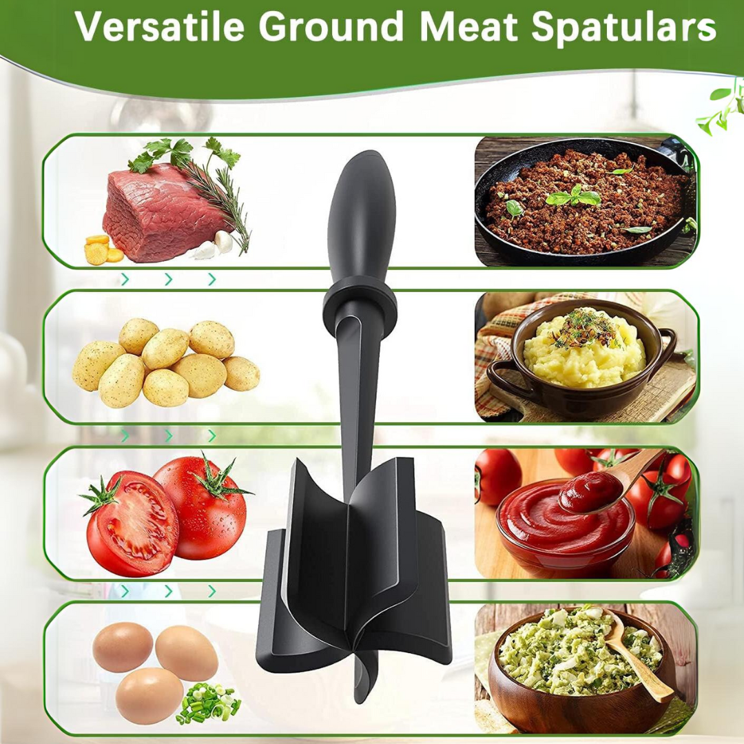 Ground meat chopping tool, non-stick safe, black, perfect for stirring and separating during cooking.