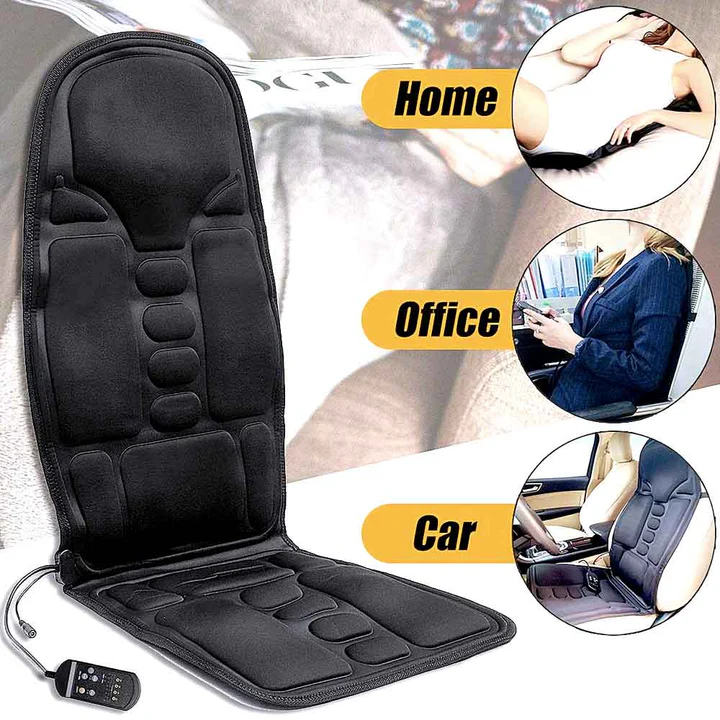 Ergonomic heated massage pad for car and home, delivering soothing neck & back relief, reducing stress.