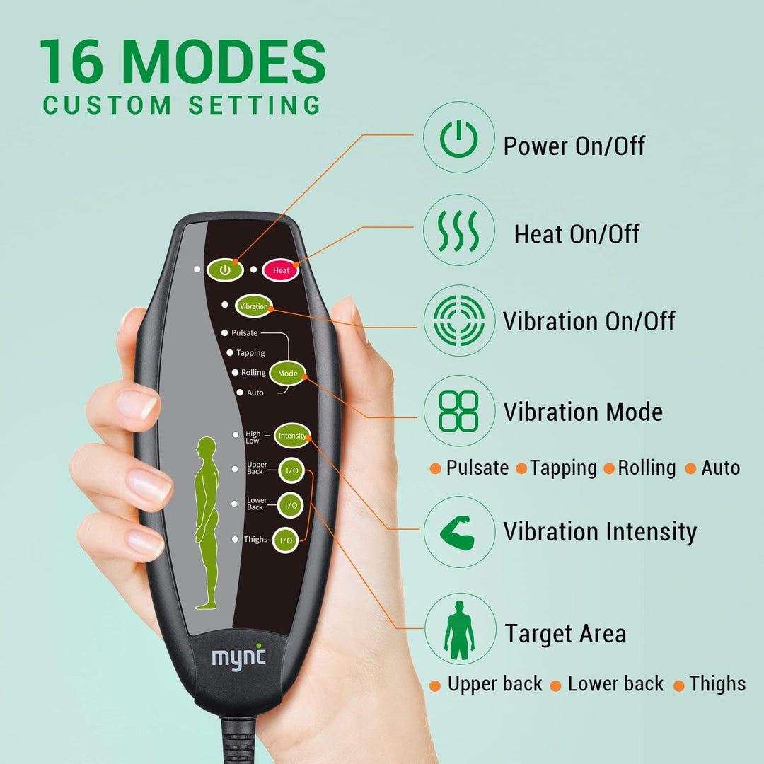 Portable heated massage cushion with vibration for back pain relief in car, home, or office chairs.