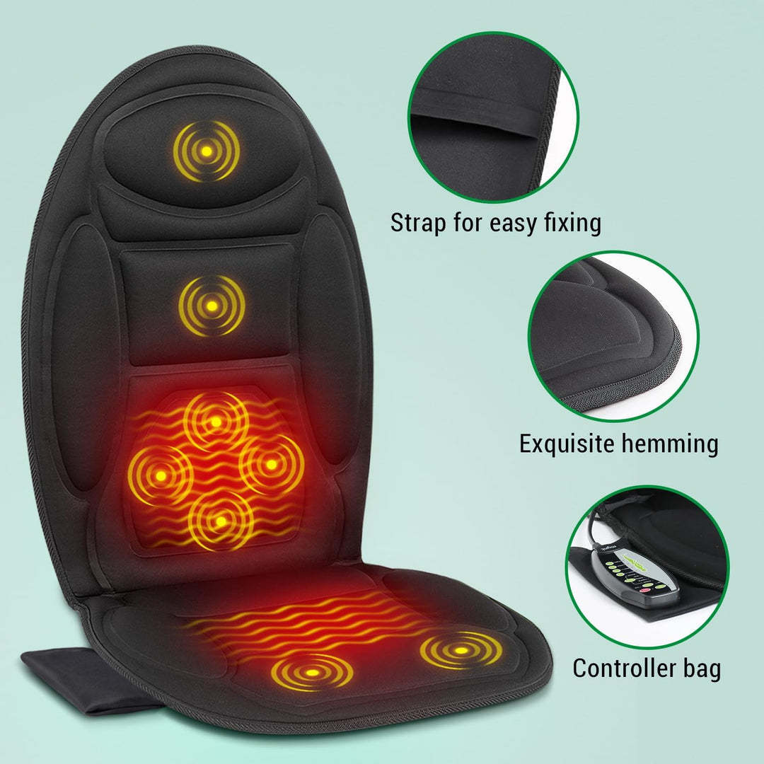 Therapeutic heated seat cushion with multiple massage modes for stress relief & relaxation in any chair.