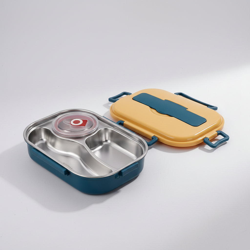 Leakproof divided bento lunch container for portable meals, shown open with fresh food