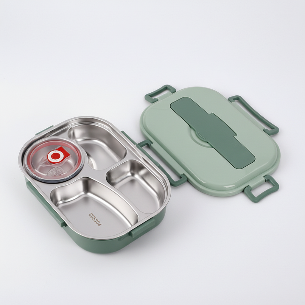 Portable bento lunch box in sleek stainless steel design, great for any age