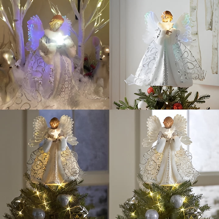 Animated Christmas angel tree topper, a beautiful holiday decoration with moving wings for a festive touch.