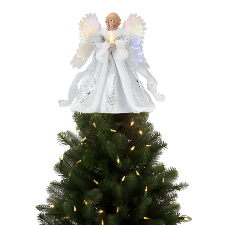 Elegant glowing angel tree topper, a celestial Christmas decoration bringing festive light to your holiday home.