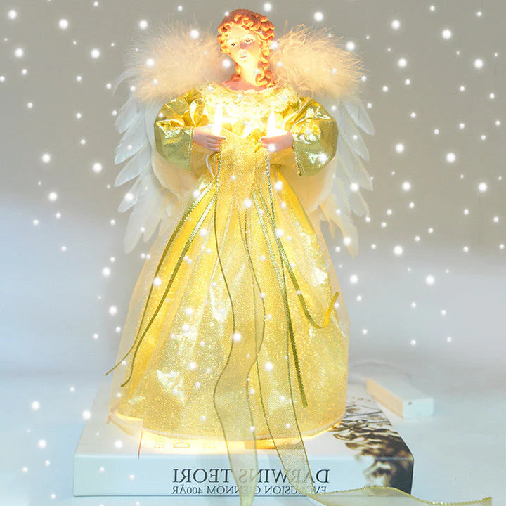Festive animated angel Christmas tree topper, ideal holiday decor for a magical and glowing celestial tree.