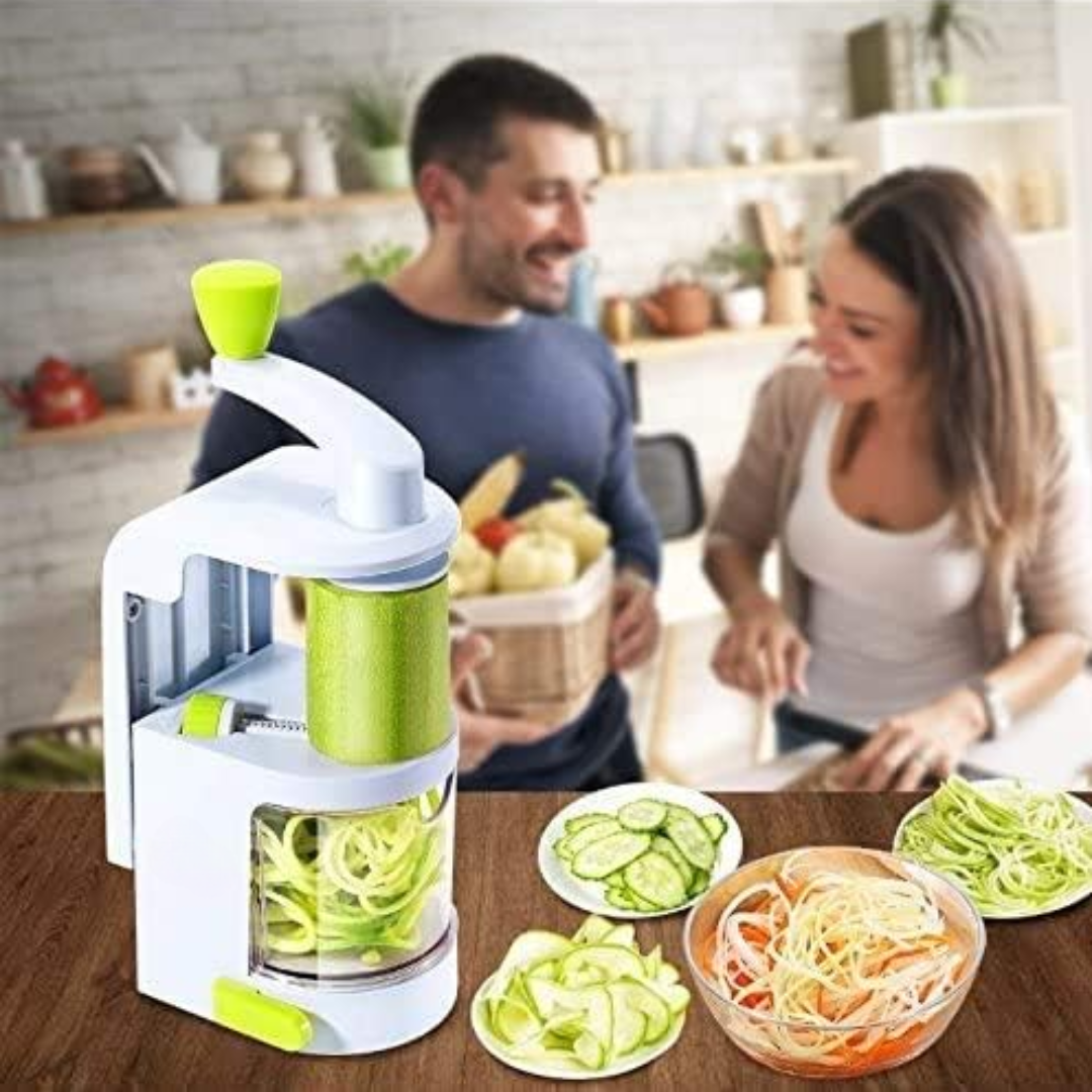 User making zucchini noodles with a 4-in-1 vegetable spiralizer, ideal for healthy meal prep.