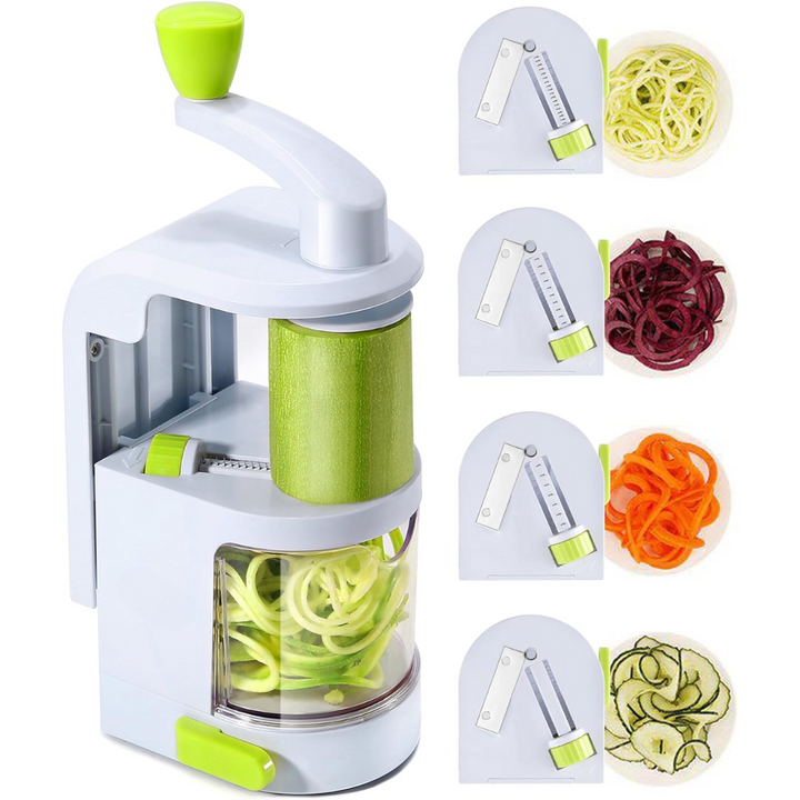 Close-up of the 4-in-1 vegetable spiralizer's sharp blades and strong suction cup for secure use.