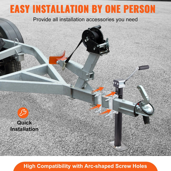 Bolt-on 5000 lb capacity A-frame trailer jack with drop leg for heavy-duty utility & boat trailer towing.