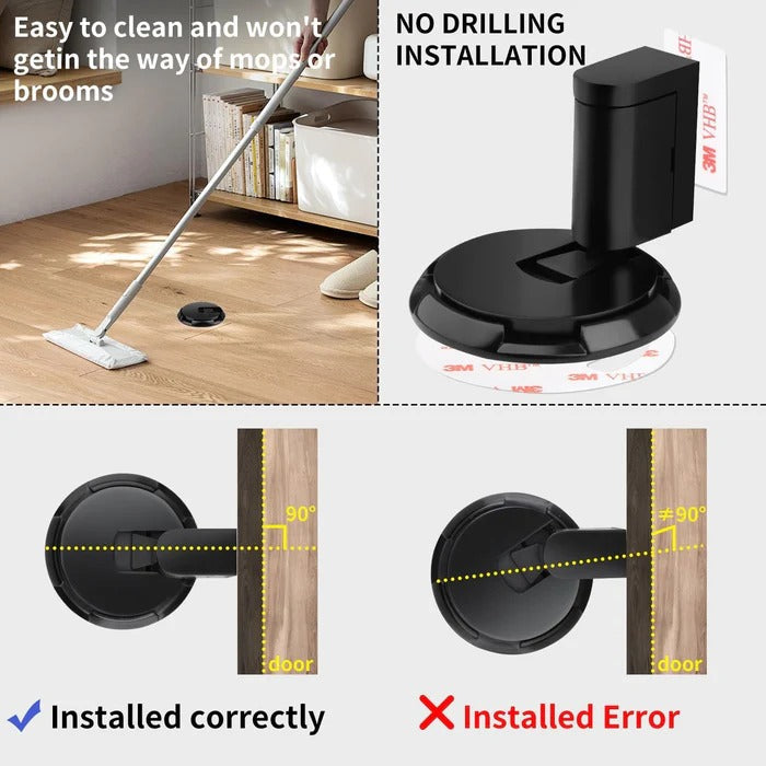Universal adjustable door holder for all floor types, providing heavy duty security & wall protection.