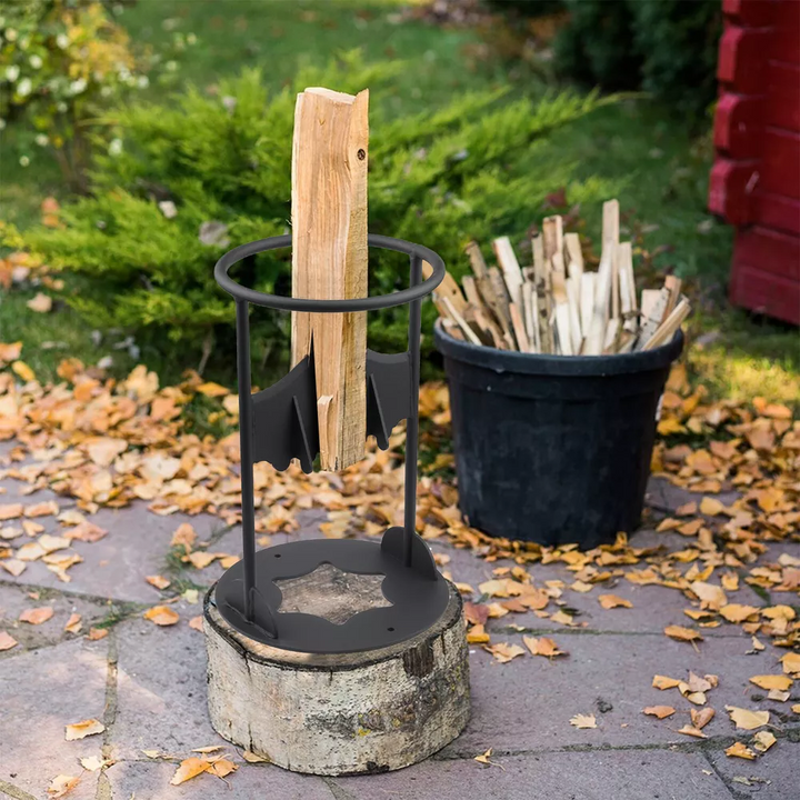 Cast iron kindling splitter with log, ready for easy and safe wood splitting.