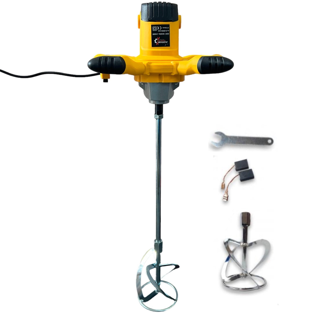 Heavy-duty electric building mixer for concrete, paint, and thick materials. Essential construction contractor tool.