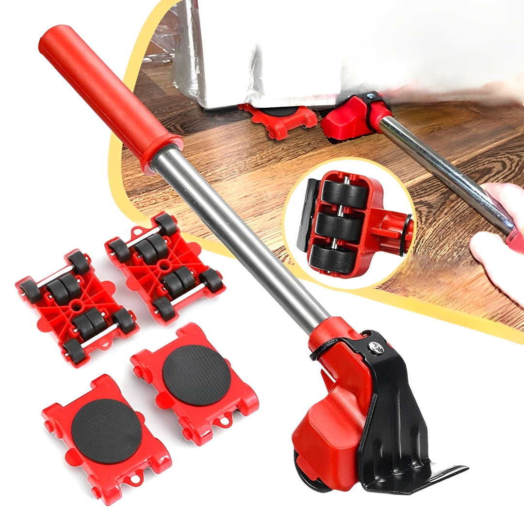 Heavy-duty furniture moving kit with red lifter, 4 wheeled sliders. Easy heavy lifting & floor protection.