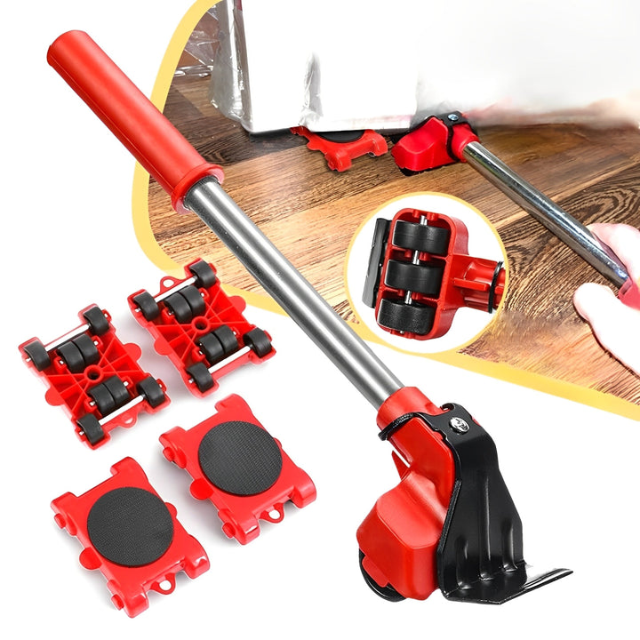 Heavy-duty furniture moving kit with red lifter, 4 wheeled sliders. Easy heavy lifting & floor protection.