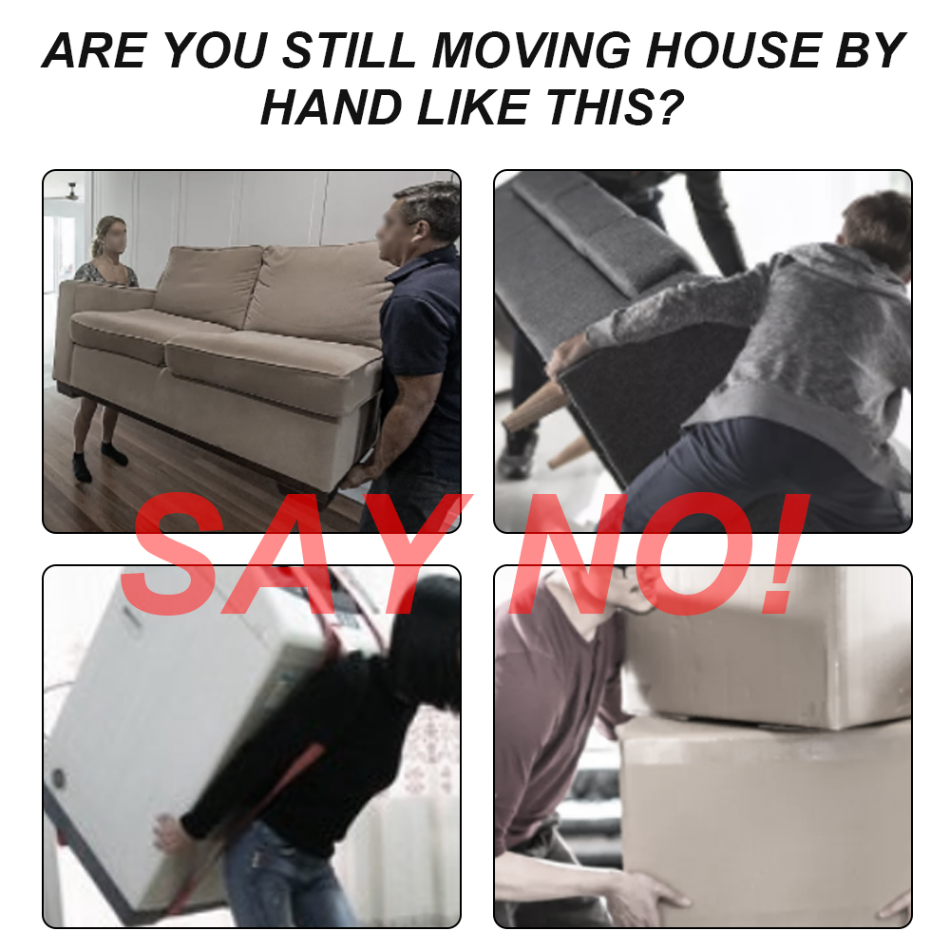 Furniture moving kit in use, protecting floors while relocating heavy appliances & furniture in a home.