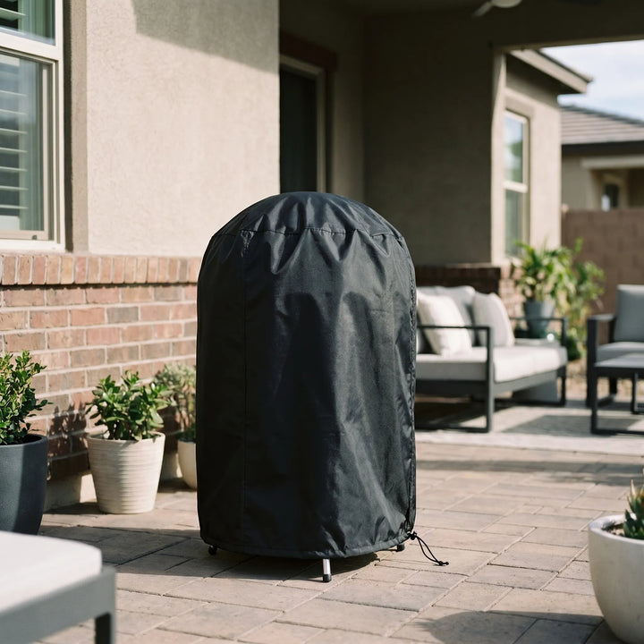 Heavy-duty outdoor round grill cover for kettle smokers. Durable weather protection for your patio BBQ.