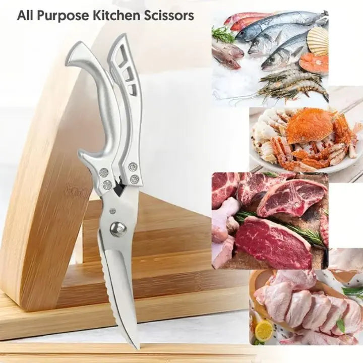 Versatile kitchen shears with integrated fish scaler for easy and efficient seafood preparation.