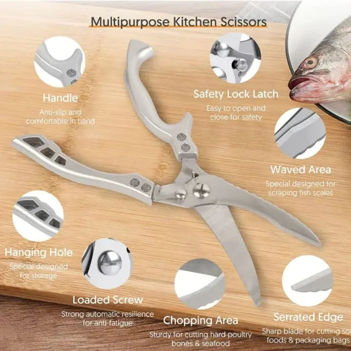 Ergonomic stainless steel kitchen shears, ideal for precise cutting and heavy-duty cooking tasks.