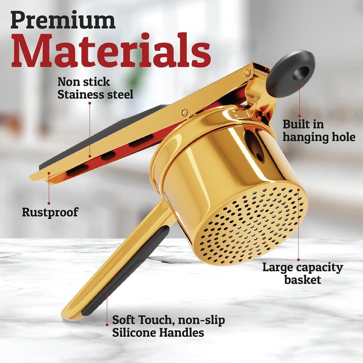Stainless steel potato masher, ready to create smooth, lump-free mashed potatoes. Kitchen essential.
