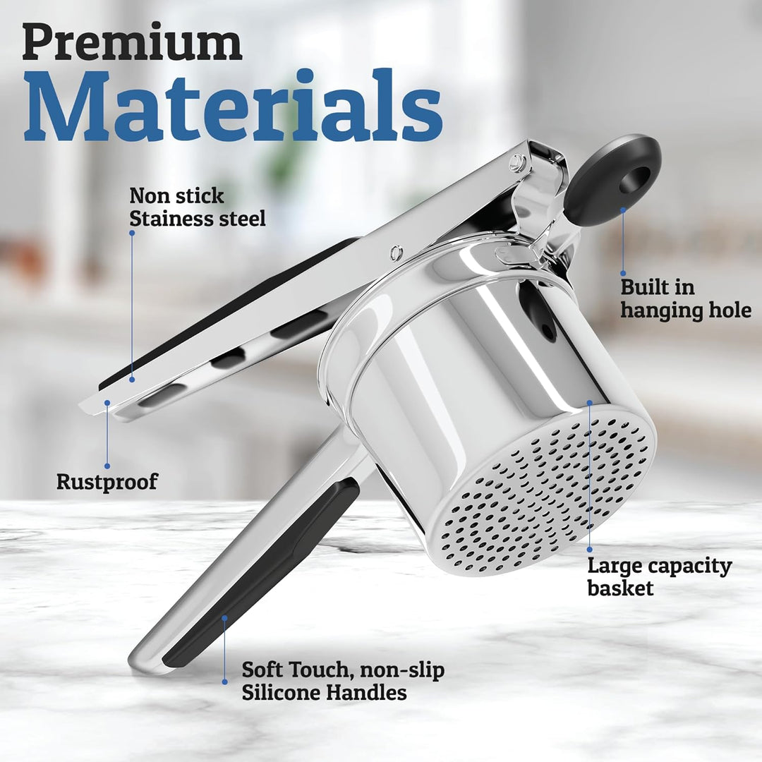 Solid stainless steel potato masher, a versatile food prep tool for any chef.