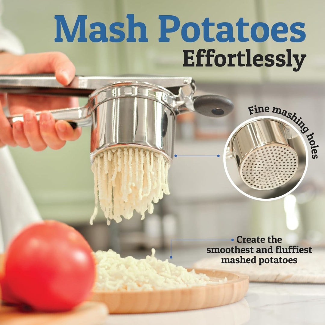 Elegant stainless steel potato masher, blending durability with modern kitchen style.