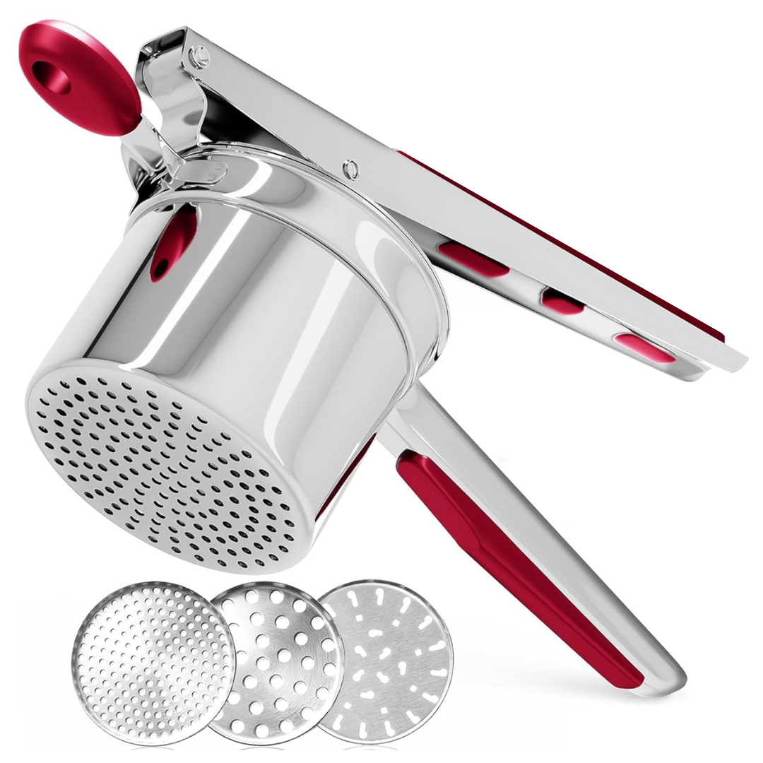 Ergonomic stainless steel potato masher, ideal for mashing vegetables and fruits.