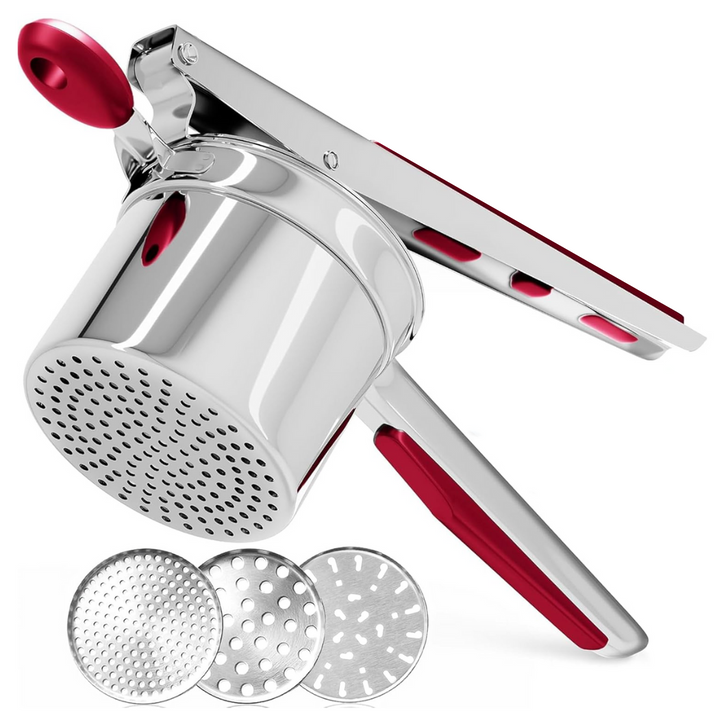 Ergonomic stainless steel potato masher, ideal for mashing vegetables and fruits.