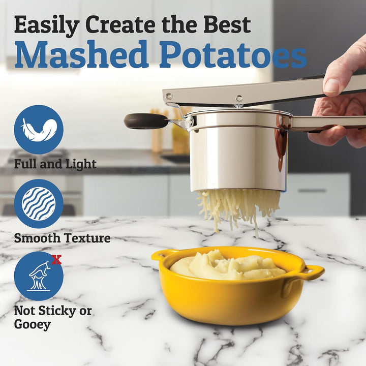 Heavy-duty stainless steel potato masher with comfortable grip for easy mashing.