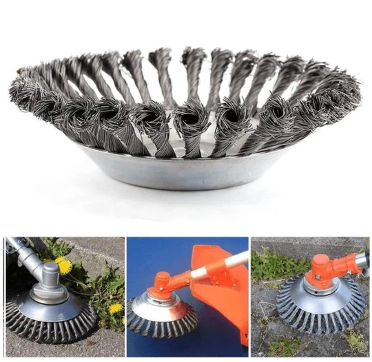Powerful steel wire brush head for heavy-duty weed removal and demanding yard clearing.