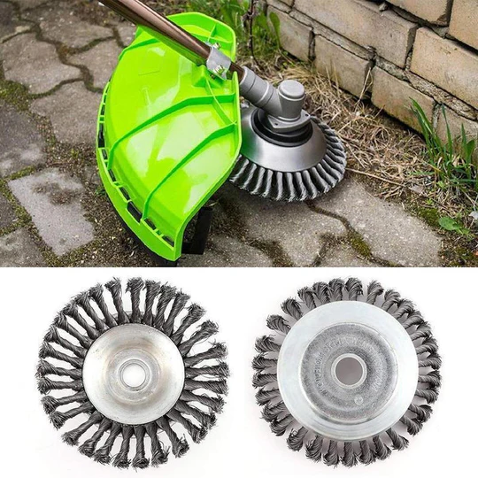 Efficient brushcutter weeding head, steel wire design, for easy and fast tough weed removal.