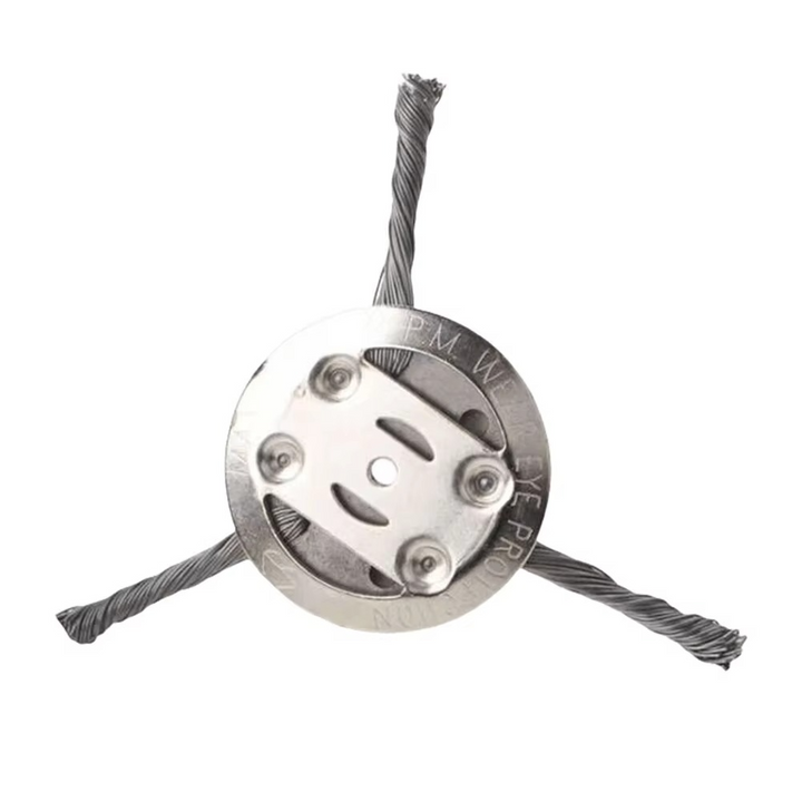 Universal stainless steel wire brush attachment for weed trimmers, ideal for moss, rust, and grass removal.