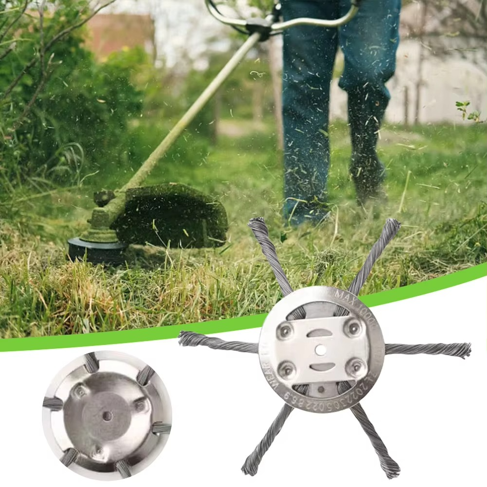 Universal fit steel wire trimmer head brush. Cleans stubborn weeds, grass, & moss. Heavy-duty landscaping tool.