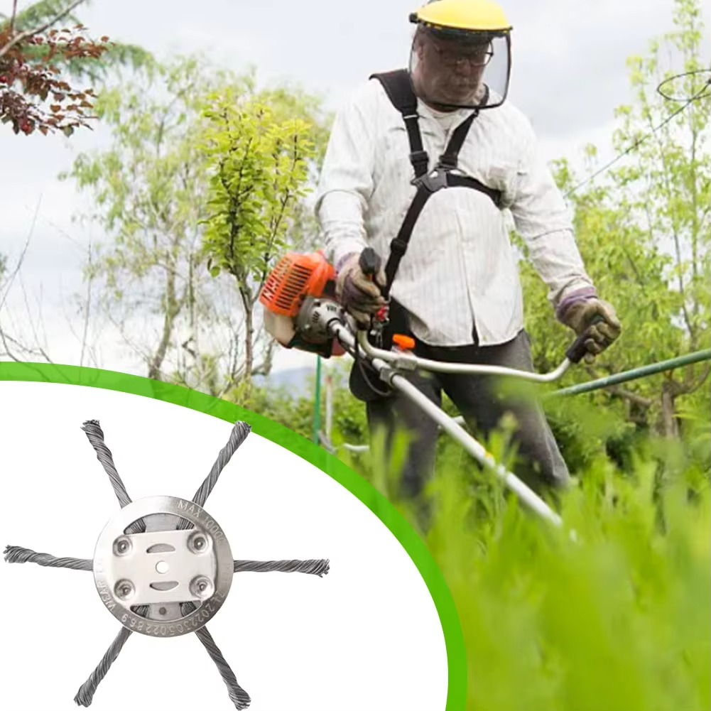Efficient stainless steel wire trimmer brush. Heavy-duty garden tool for weed, grass, and rust removal. Durable.