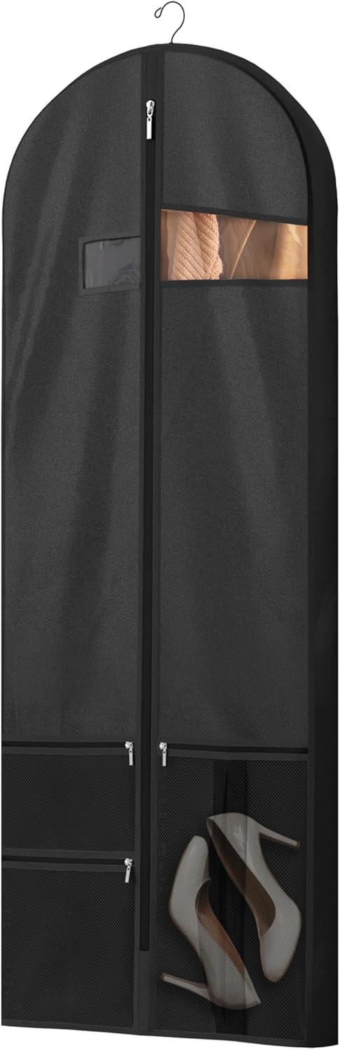 Heavy-duty garment bag, clear window, accessory pockets. Perfect for suit & dress travel.