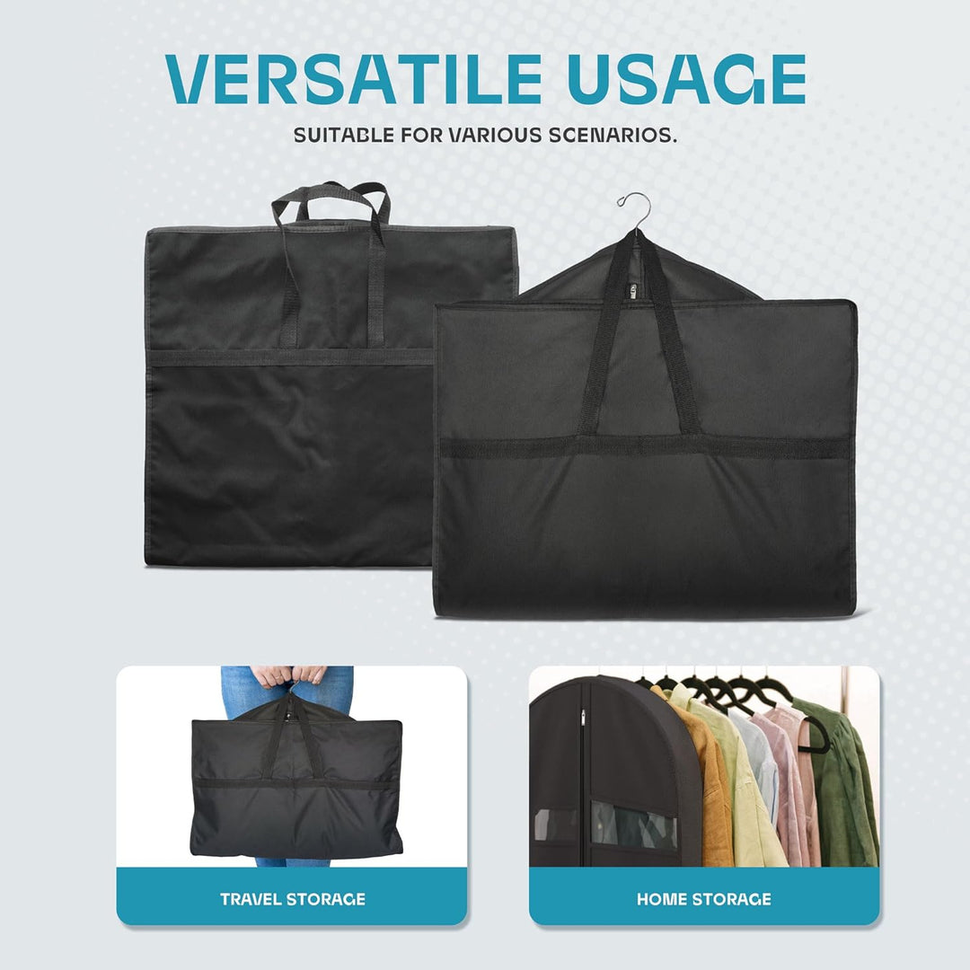 Unisex garment travel bag, clear window, accessory pockets. Wrinkle-free suit & dress storage.